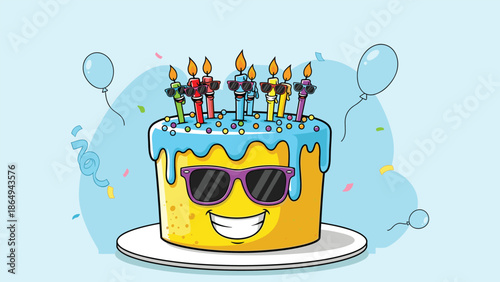 Cartoon birthday cake with cool sunglasses character and funny candles celebrate party background