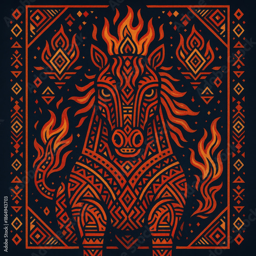 Flaming tribal horse totem symbolizing raw power, spiritual strength, and mythological energy through bold geometric ornament