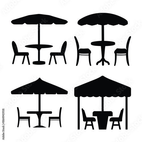 Outdoor cafe table and chair sets with umbrellas and canopy in silhouette style