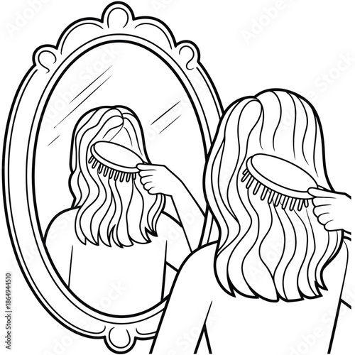 Woman brushing hair in mirror isolated on white background, Vector, illustration