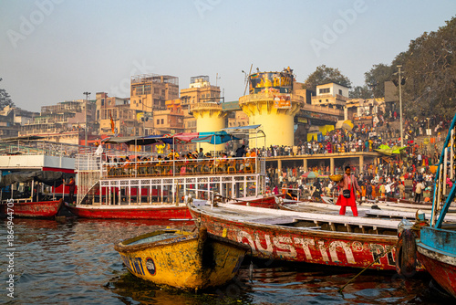 Pilgrims Gather at the ghats for Holy Bath at Maha Kumbh Mela, Varanasi, India