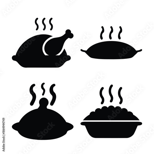 Delicious steaming food icons representing various hot meals and culinary dishes