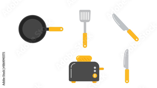 Flat Kitchen Utensils Icon Set - Frying Pan, Spatula, Toaster, and Knives Isolated on White Background