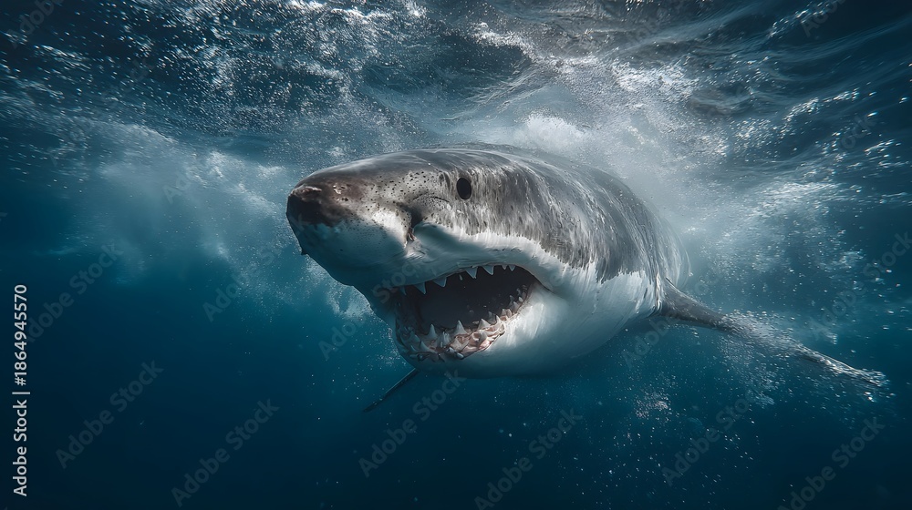 Fototapeta premium Frighteningly realistic close-up depicts a Great White Shark underwater with jaws wide open revealing sharp teeth and deep blue water.