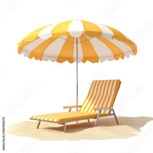 3D beach umbrella and chair A beach umbrella with a lounge chair, creating a vacation-ready summer scene. full length isolate on transparent background