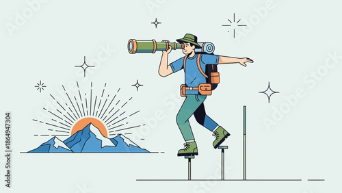 Adventure Seeker Exploring Nature, Using Telescope and Stepping Forward in Line Art