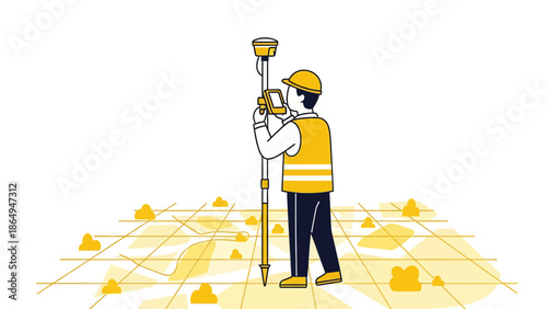 Surveyor Doing Geodetic Measurements With Digital Device On White Background
