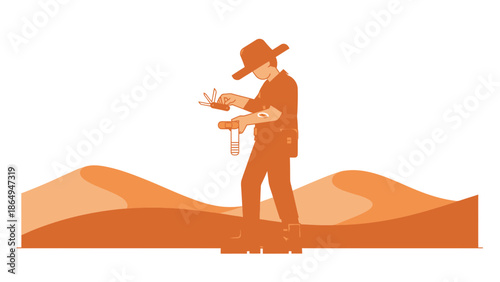 Survivalist In Arid Environment Checking Supplies For Desert Expedition