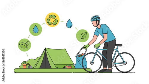 Sustainable Camping With Eco Conscious Biker Collecting Waste With Bicycle