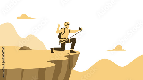 Adventurer Capturing The Summit On A Smartphone With Mountainous Landscape