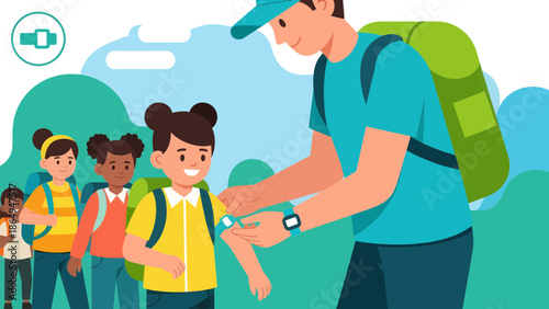 Teacher Applies First Aid Bandage To A Student On A School Excursion Trip