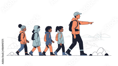 Teacher Guides Students on a Nature Walk Educational Outdoor Adventure