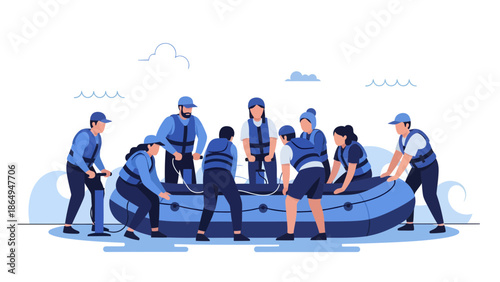 Team Prepares For River Rafting Adventure Inflatable Boat Safety Jackets