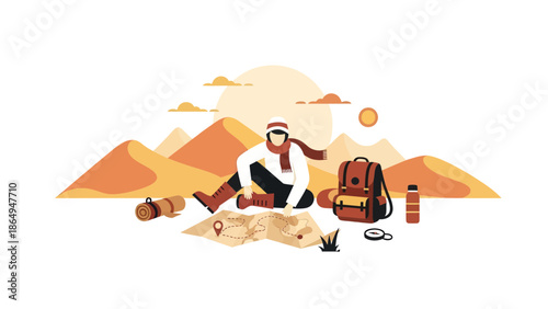 Adventurer Enjoying Peaceful Moment Among Desert Hills During Scenic Hike