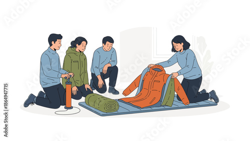 Team Prepares Gear For Outdoor Adventure With Care And Efficiency Together