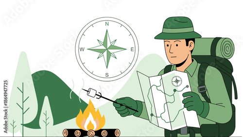 Adventurer Enjoying Wilderness Campfire While Navigating With Map And Compass