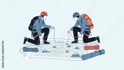 Teamwork Adventure Exploring the Map Preparing for Climbing Route Challenges