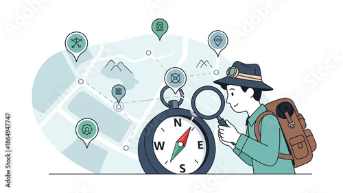 Adventurer Explores Location On A Map With Compass And Magnifying Glass