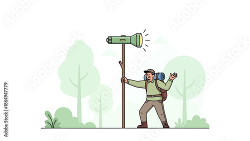 Adventurer Exploring Forest Holding A Flashlight On A Wooden Stick Illustration
