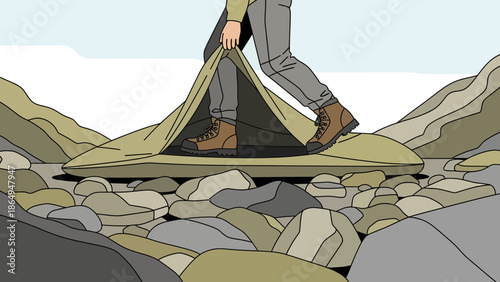Tent Entrance View Featuring Hiking Boots Amidst Rocky Landscape Illustration