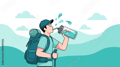 Thirsty Hiker Drinking Water After Hike In Nature Illustration Design