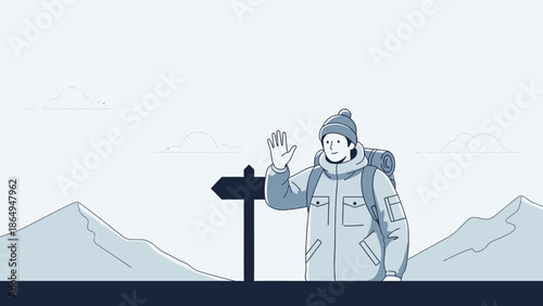 Adventurer Greeting Travelers Amidst Mountainous Landscape and Directional Sign