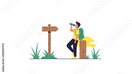 Thirsty Traveler Taking Break On Scenic Hike Beside Wooden Directional Arrow