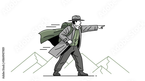 Adventurer Hiking In The Mountains Pointing To A Future Destination Illustration