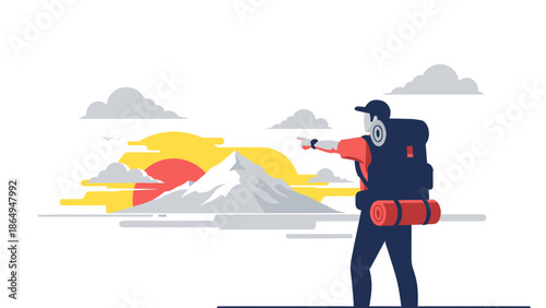 Adventurer Hiking In Mountain At Sunset Scenery With Heavy Backpack