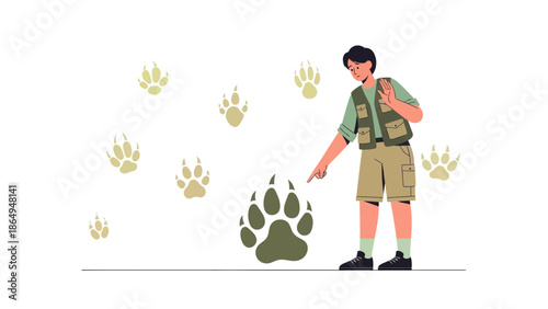 Tracking Wildlife: Adventurer Follows Animal Prints On An Expedition Trail