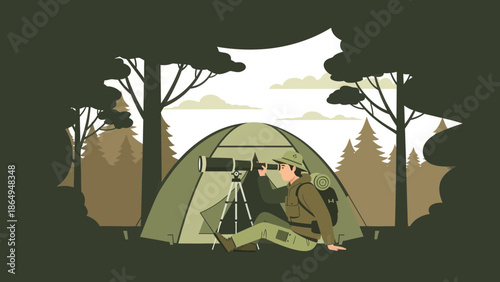 Adventurer Observes Nature From Tent Using Telescope In Forest Scenic Landscape
