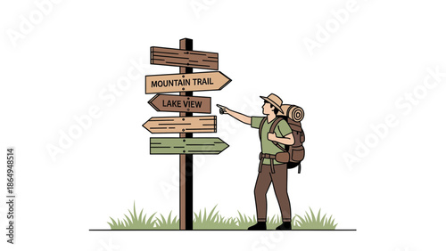 Traveler Deciding Which Route To Take At The Signpost In The Great Outdoors