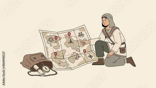 Adventurer Planning A Journey Using A Route Map Laid Out On The Ground
