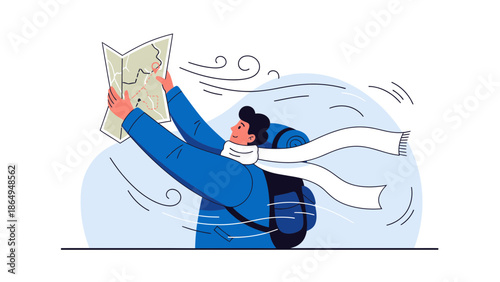 Traveler Navigating Windy Weather Using Map While Backpacking Expedition Adventure
