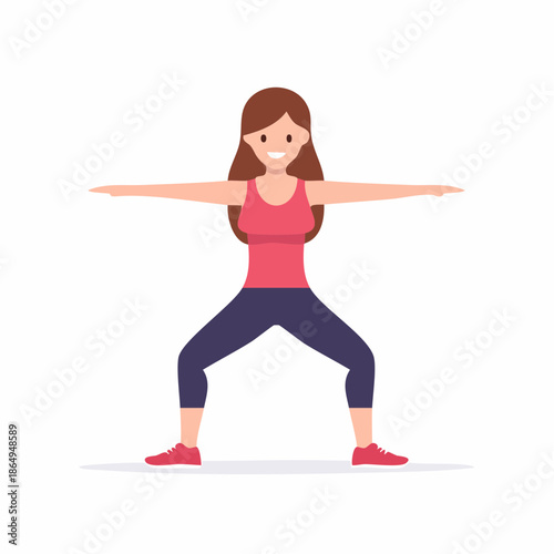 Woman performing Warrior II pose in yoga practice for fitness and wellness, maintaining body balance and focus, female wearing sportswear