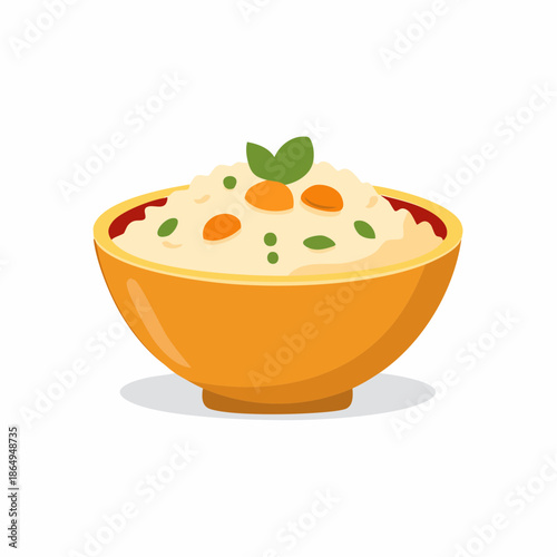 Yellow Bowl of Rice Porridge with Carrots and Peas for Breakfast. Illustration