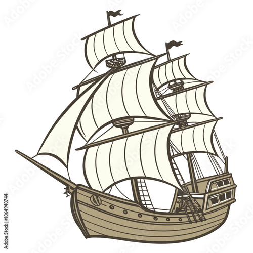 Detailed Side View of an Old Sailing Ship Vector