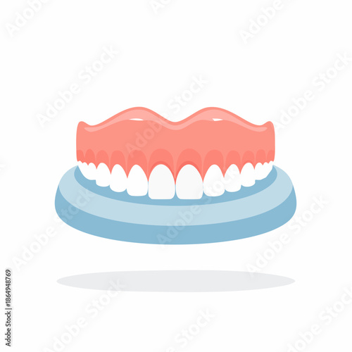 Dental Prosthesis Model with Gums and Teeth for Education or Demonstration on Blue Round Base