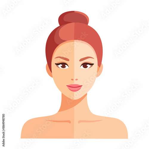 Woman with hair bun, skincare before and after. Light and dark skin, healthy