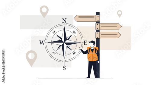 Adventurer Planning Journey Using Compass And Signpost Navigation Concepts