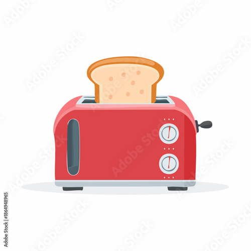 Red Toaster with Bread Slice Freshly Prepared for Breakfast Meal at Home in Kitchen Appliance