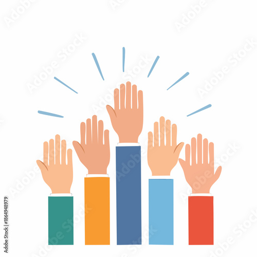 Hands Raised Together Illustration - Unity, Participation, Agreement, Voting, Volunteering, Community, Support, Achievement