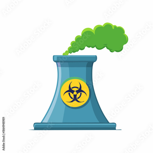 Nuclear power plant emitting toxic green waste, air pollution vector illustration. Factory or power station with radioactive waste.