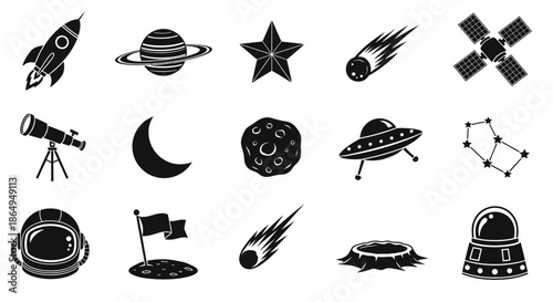 Collection of black and white stylized icons representing space exploration astronomy and celestial objects