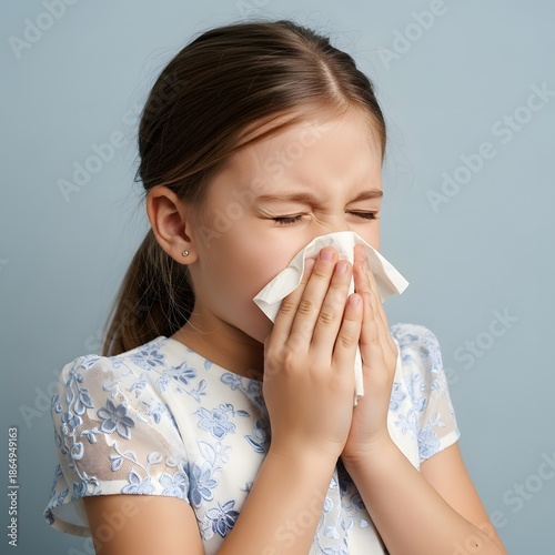 Young girl blowing her nose illustration