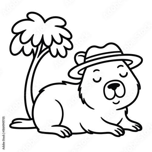 Relaxed wombat under palm tree isolated on white background, Vector, illustration