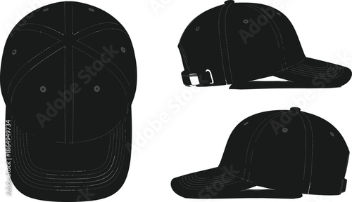 Black baseball cap mockup template featuring top view, side view and back view for apparel design, branding and fashion presentation.