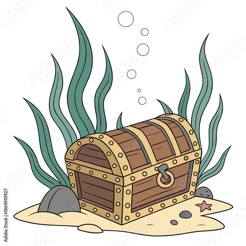 Sunken Treasure Chest on Ocean Floor Marine Vector Art