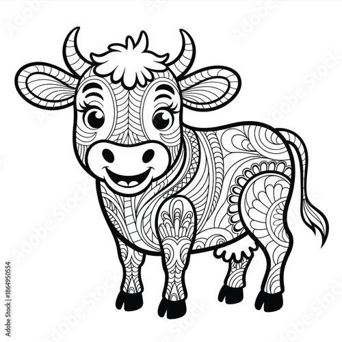 Whimsical cow with intricate patterns isolated on white background, Vector, illustration