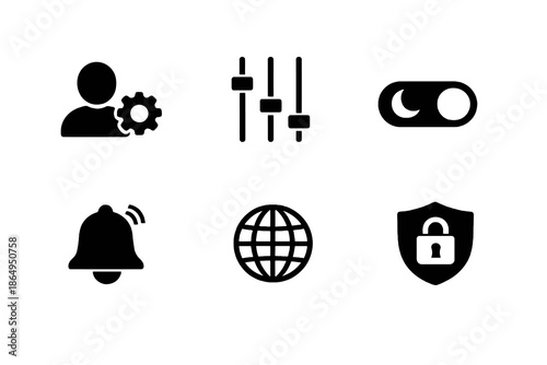 User settings and personalization icon set with preferences, themes, and privacy controls. Black flat vector icons for apps, dashboards, and modern UI design.